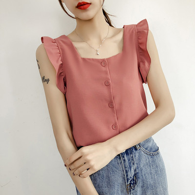 Moteriška šifoninė palaidinė su garbanomis ir kvadratine iškirpte