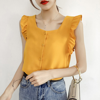 Moteriška šifoninė palaidinė su garbanomis ir kvadratine iškirpte