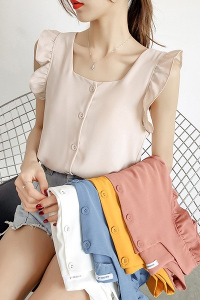 Moteriška šifoninė palaidinė su garbanomis ir kvadratine iškirpte