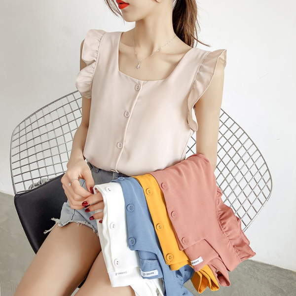 Moteriška šifoninė palaidinė su garbanomis ir kvadratine iškirpte