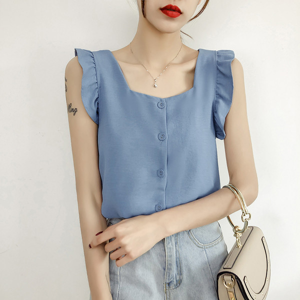 Moteriška šifoninė palaidinė su garbanomis ir kvadratine iškirpte