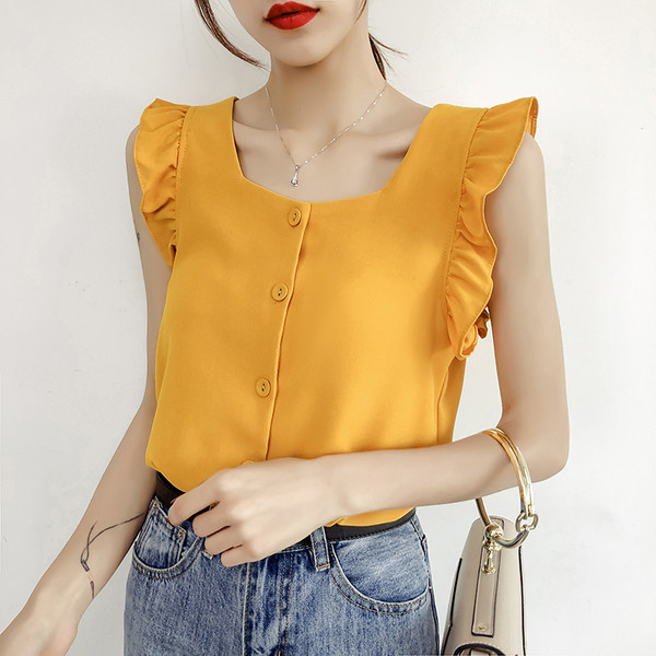 Moteriška šifoninė palaidinė su garbanomis ir kvadratine iškirpte