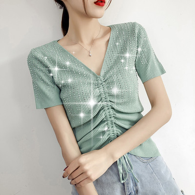 Ženska ljetna bluza s kamenčićima i V izrezom