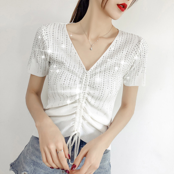 Ženska ljetna bluza s kamenčićima i V izrezom