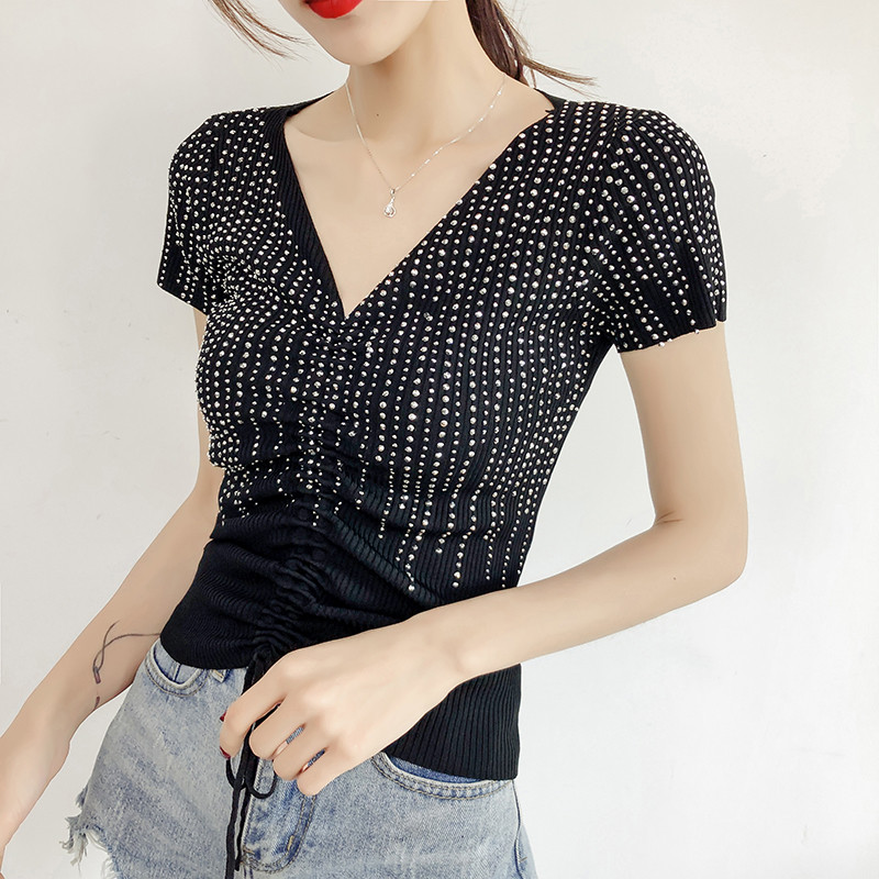 Ženska ljetna bluza s kamenčićima i V izrezom