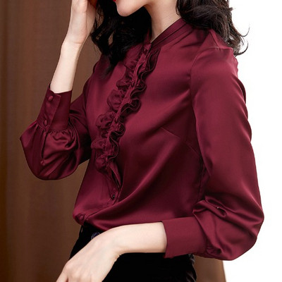 Нов модел дамска сатенена риза с копчета и дълъг ръкав