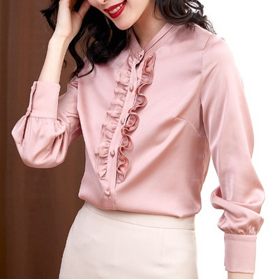 Нов модел дамска сатенена риза с копчета и дълъг ръкав