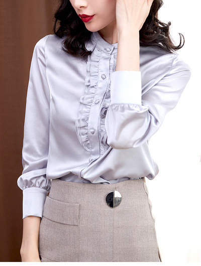 Нов модел дамска сатенена риза с копчета и дълъг ръкав