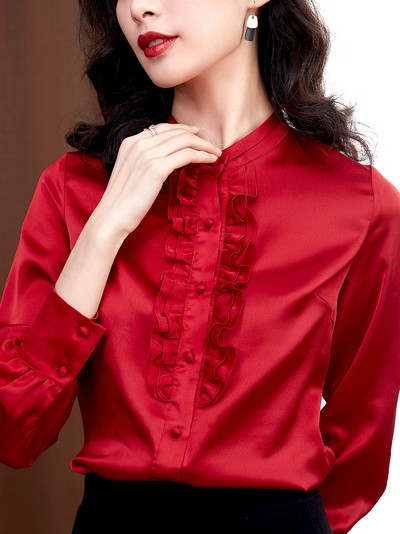 Нов модел дамска сатенена риза с копчета и дълъг ръкав