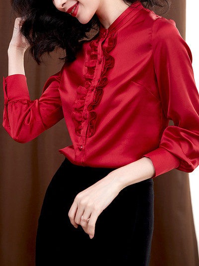 Нов модел дамска сатенена риза с копчета и дълъг ръкав