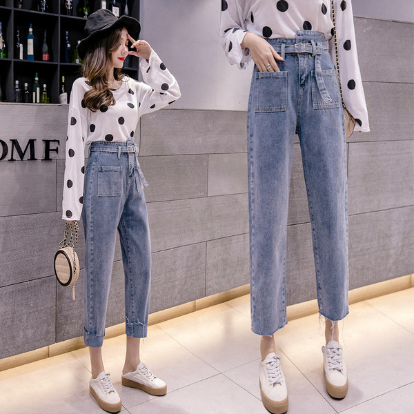 Blugi lungi casual de dama model drept cu centura si talie inalta