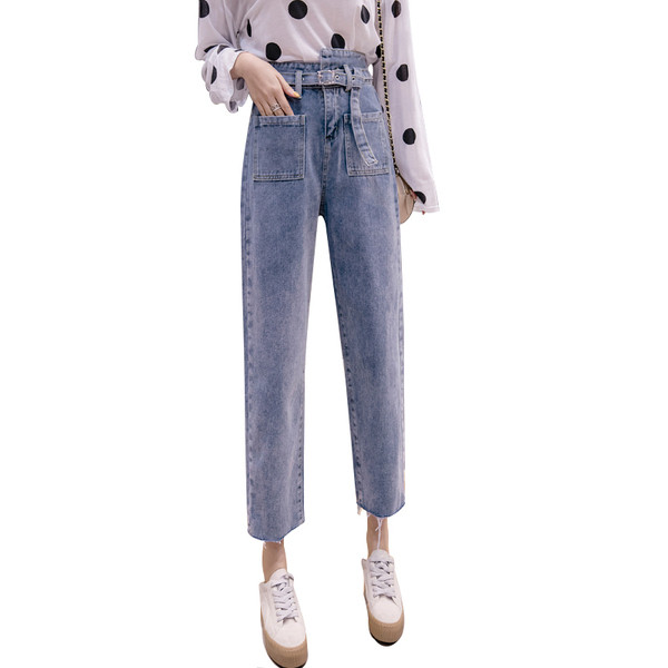 Blugi lungi casual de dama model drept cu centura si talie inalta