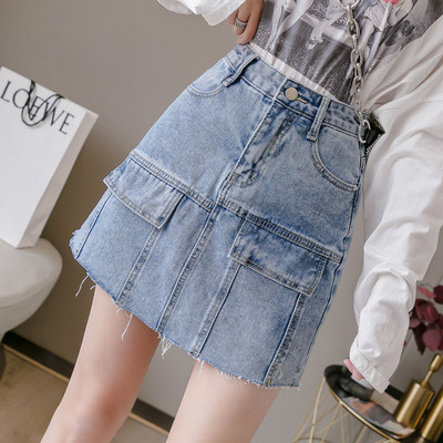 Fusta de dama scurta casual din denim, cu buzunare si fermoar