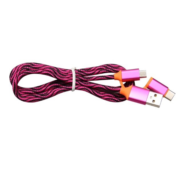 Бързозареждащ текстилен  кабел 2  в 1 Micro usb + Type C в розов цвят