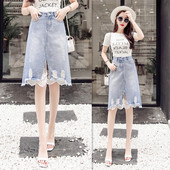 Дамска ежедневна дънкова пола с висока талия и дантела