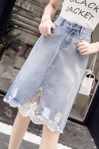 Дамска ежедневна дънкова пола с висока талия и дантела