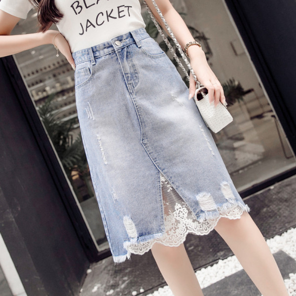 Дамска ежедневна дънкова пола с висока талия и дантела