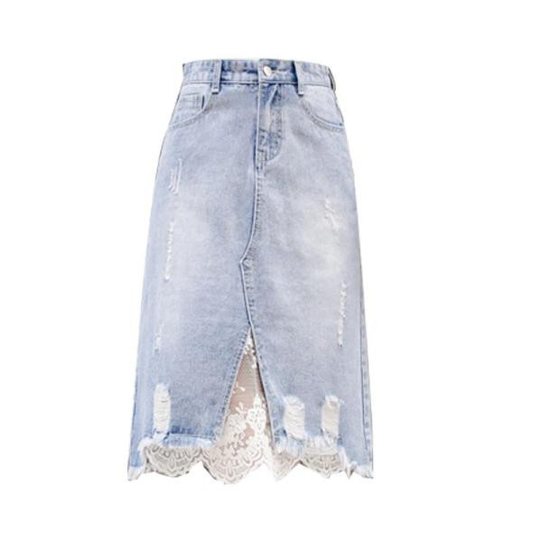 Дамска ежедневна дънкова пола с висока талия и дантела