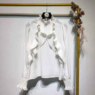 Sieviešu moderns krekls ar lokām un apaļu augstu apkakli