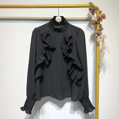 Sieviešu moderns krekls ar lokām un apaļu augstu apkakli