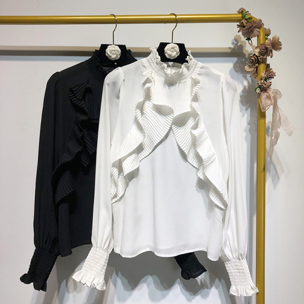 Sieviešu moderns krekls ar lokām un apaļu augstu apkakli