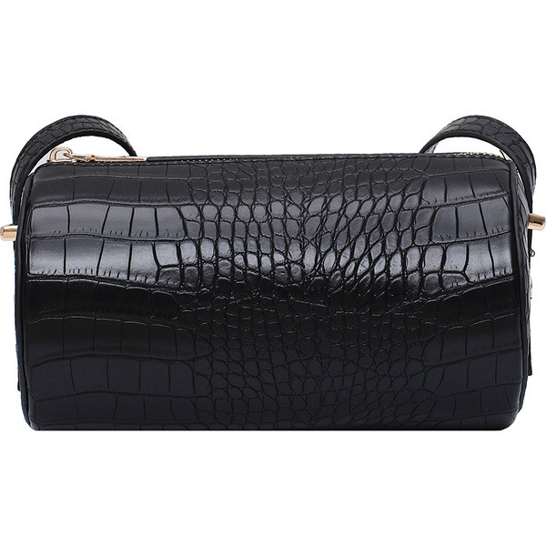 Apvalus moteriškas krepšys iš dirbtinės odos su įspaustu viršeliu ir ilga rankena