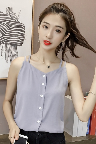 Maieu de damă din șifon cu nasturi și bretele subțiri