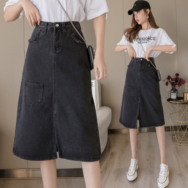 Juodos spalvos moteriškas laisvalaikio džinsinis sijonas aukštu juosmeniu