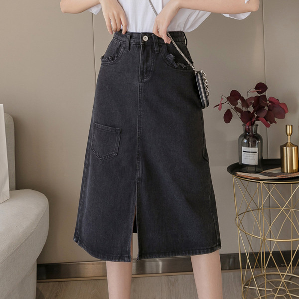 Juodos spalvos moteriškas laisvalaikio džinsinis sijonas aukštu juosmeniu