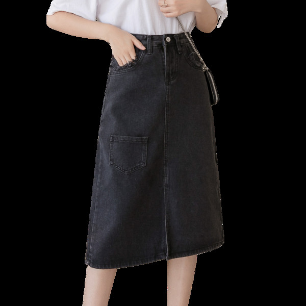 Juodos spalvos moteriškas laisvalaikio džinsinis sijonas aukštu juosmeniu