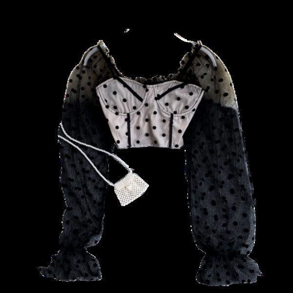 Модерна къса дамска блуза на точки с прозрачни ръкави