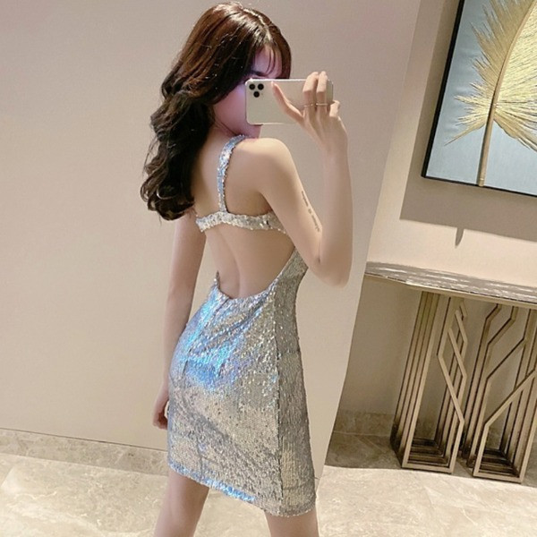 Rochie elegantă de damă, cu paiete și spate gol