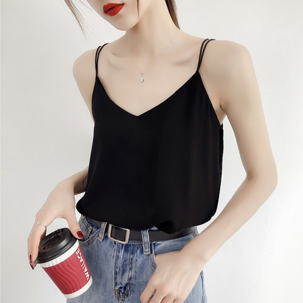 Sieviešu šifona tops ar V veida kakla izgriezumu un plānām lencēm