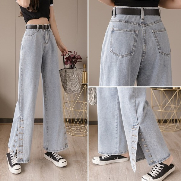 Sieviešu džinsi ar augstu vidukli un pogām - plats modelis