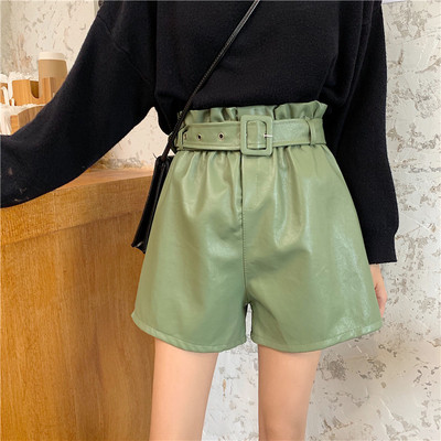 Ženske kožne kratke hlače s visokim strukom i remenom