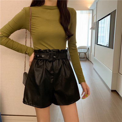 Ženske kožne kratke hlače s visokim strukom i remenom