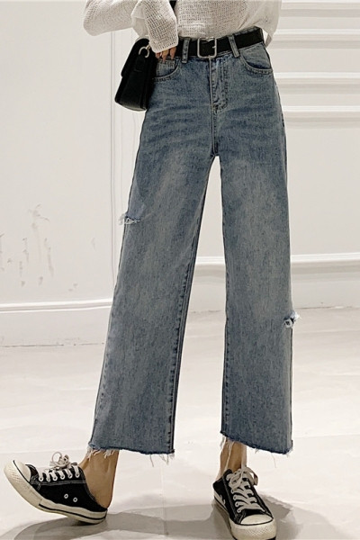 Alkalmi női hosszú farmernadrág magas derékkal – széles modellel