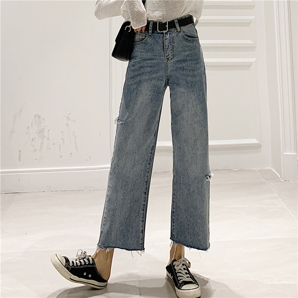 Alkalmi női hosszú farmernadrág magas derékkal – széles modellel