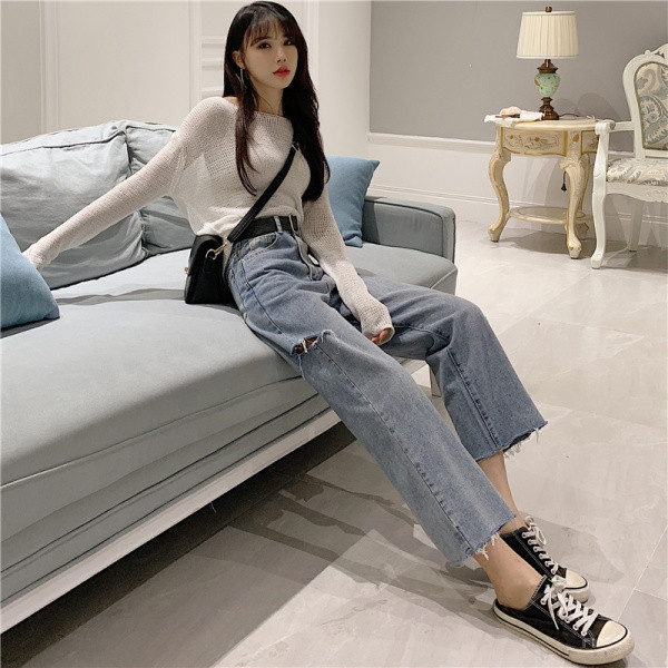 Alkalmi női hosszú farmernadrág magas derékkal – széles modellel