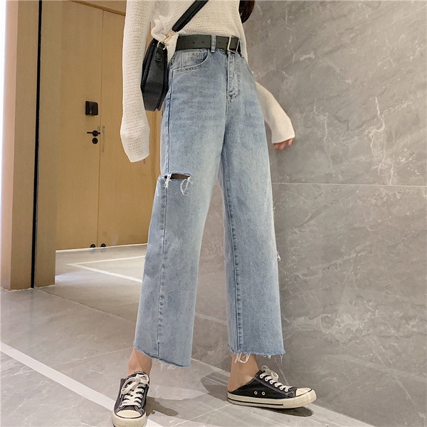 Alkalmi női hosszú farmernadrág magas derékkal – széles modellel