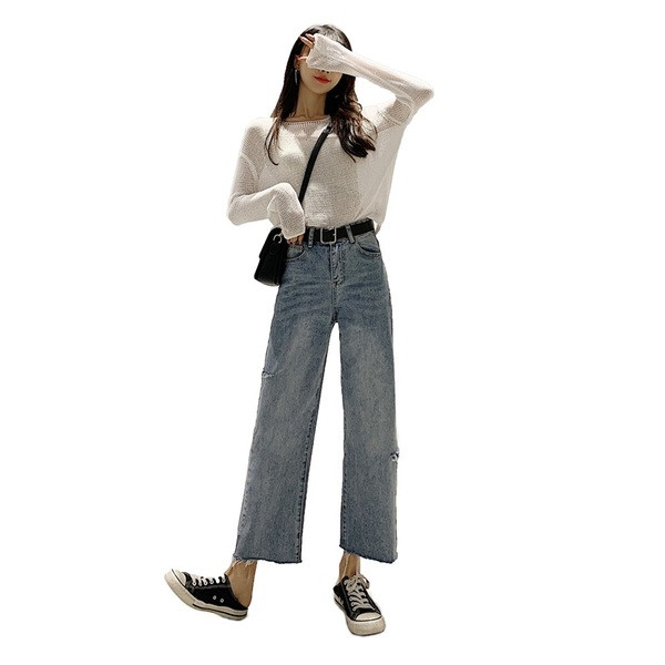 Alkalmi női hosszú farmernadrág magas derékkal – széles modellel