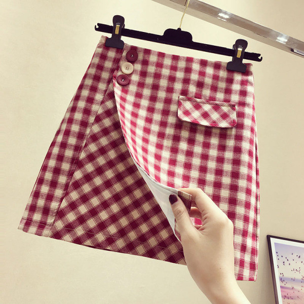 Modern női kockás szoknya piros színű transzferrel