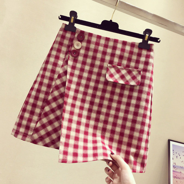 Modern női kockás szoknya piros színű transzferrel