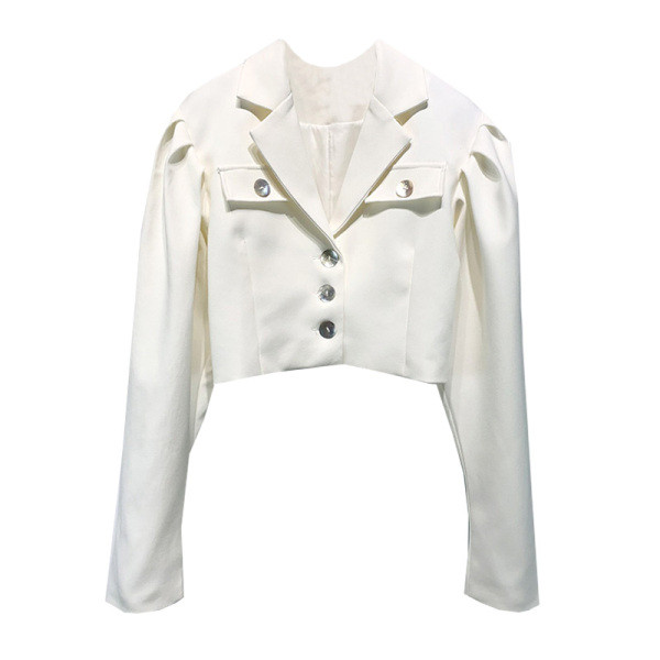 Trumpas moteriškas baltos spalvos retro paltas su atlapais