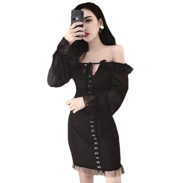 Aktuālā sieviešu kleita ar saitēm un garām piedurknēm