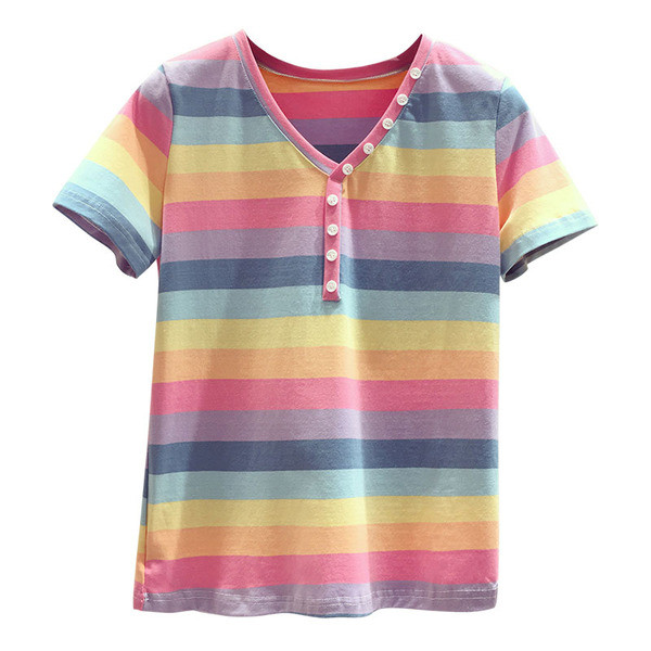 Dryžuoti moteriški marškinėliai su sagomis ir špicine iškirpte