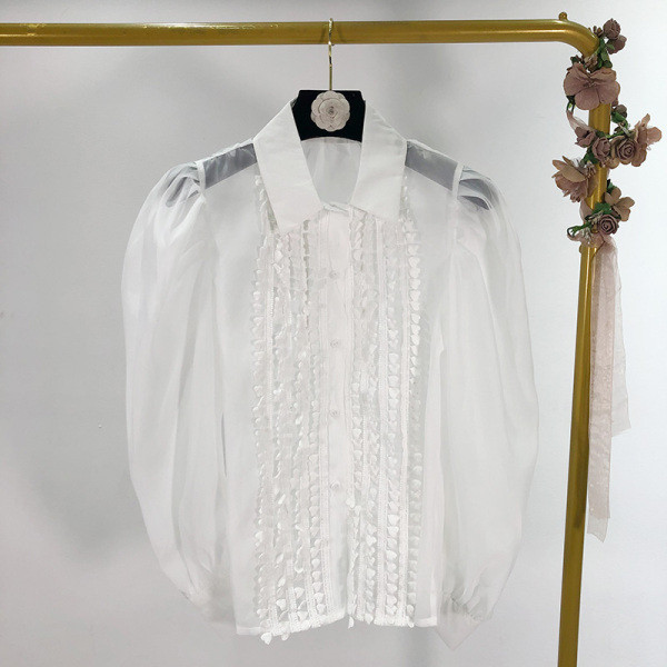 Ženska košulja od šifona s puf rukavima u retro stilu