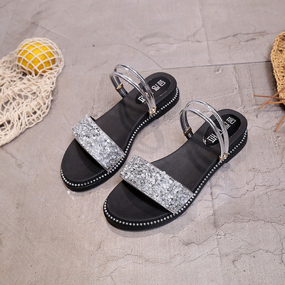 Ikdienas sieviešu sandales ar spīdīgām daļiņām un plakanu zoli