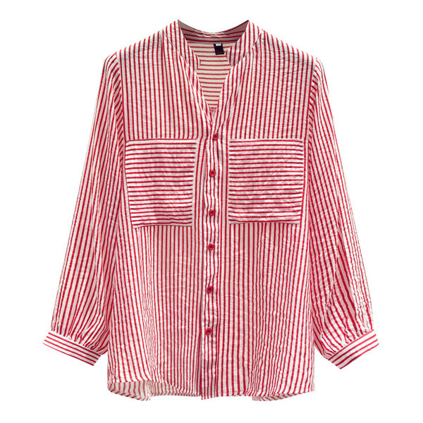 Sieviešu svītraina blūze ar špica kakla izgriezumu un kabatām