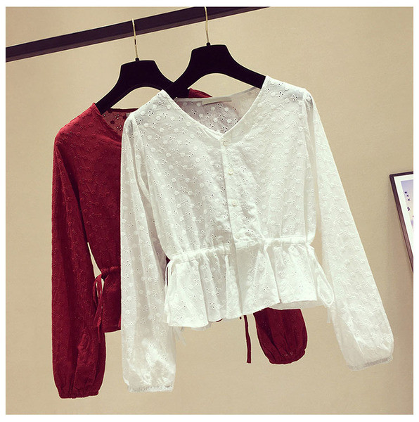 Modernūs moteriški marškiniai su ovalia iškirpte, sagomis ir juosmens raiščiais